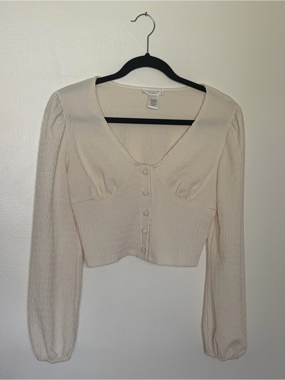 Cream Textured Button-Front Long Sleeve Crop Top